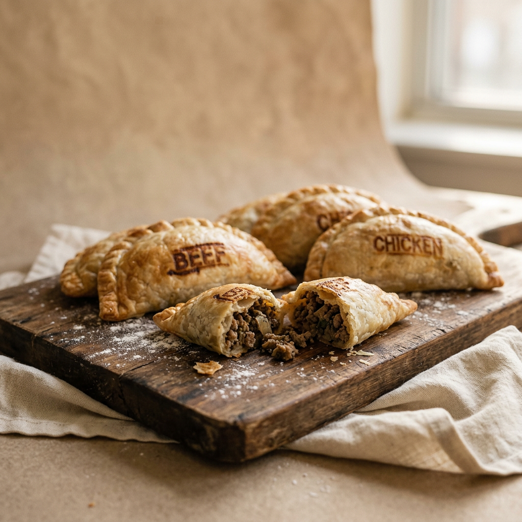 A golden empanada broken open showing savory beef filling