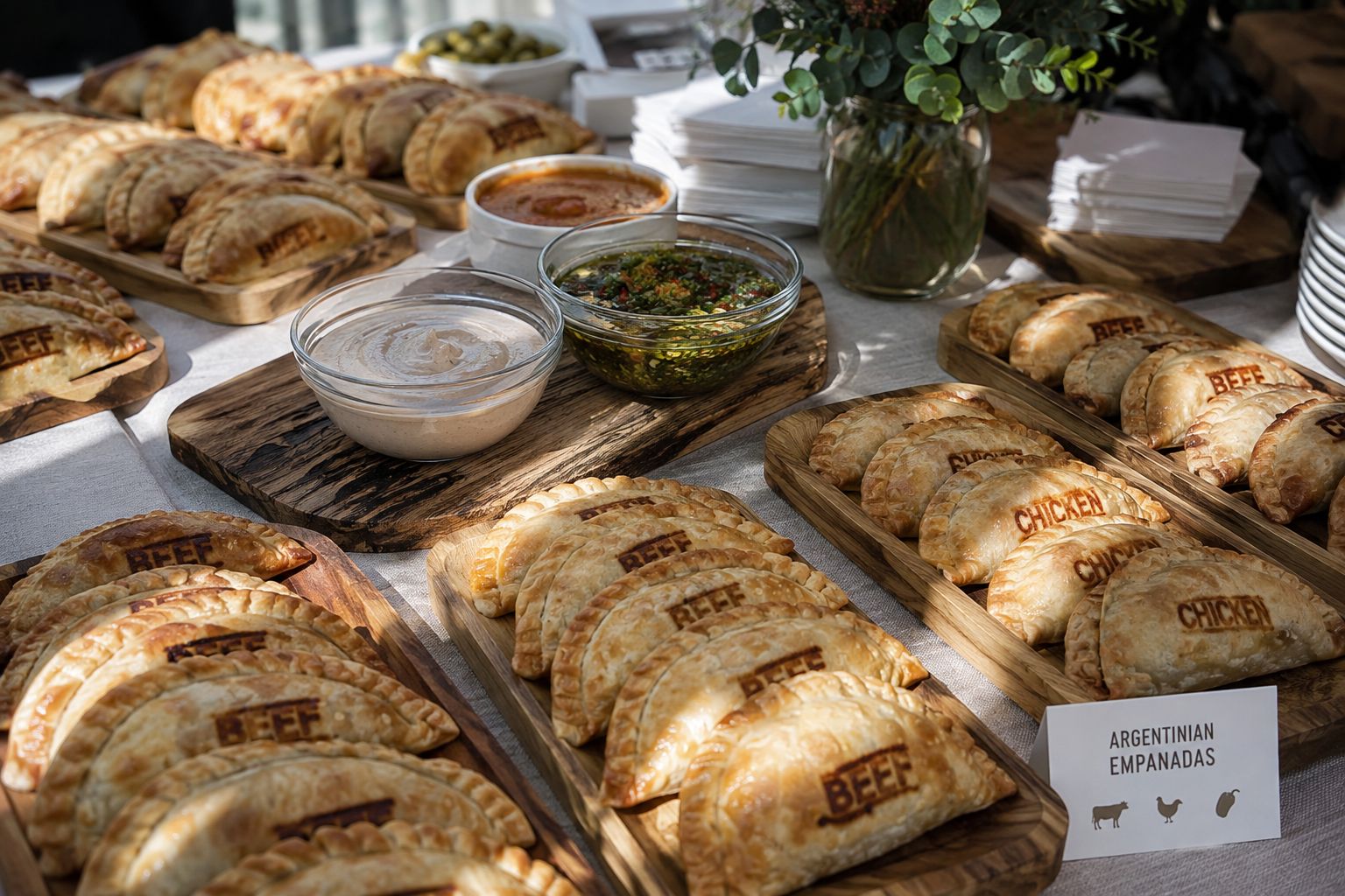 Catering table with platters of empanadas at an elegant event