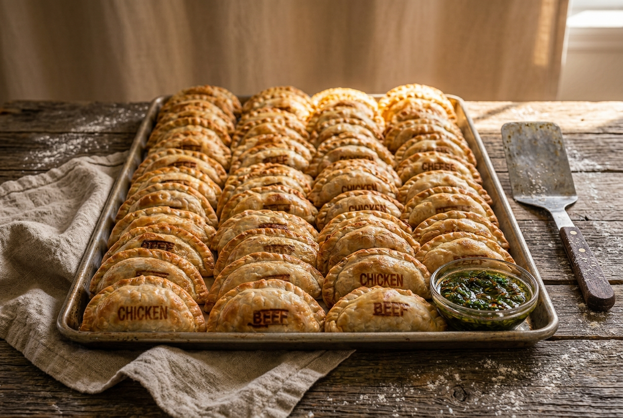 Hand-crimped empanadas stamped Beef, Chicken and Chorizo on a wooden board with chimichurri